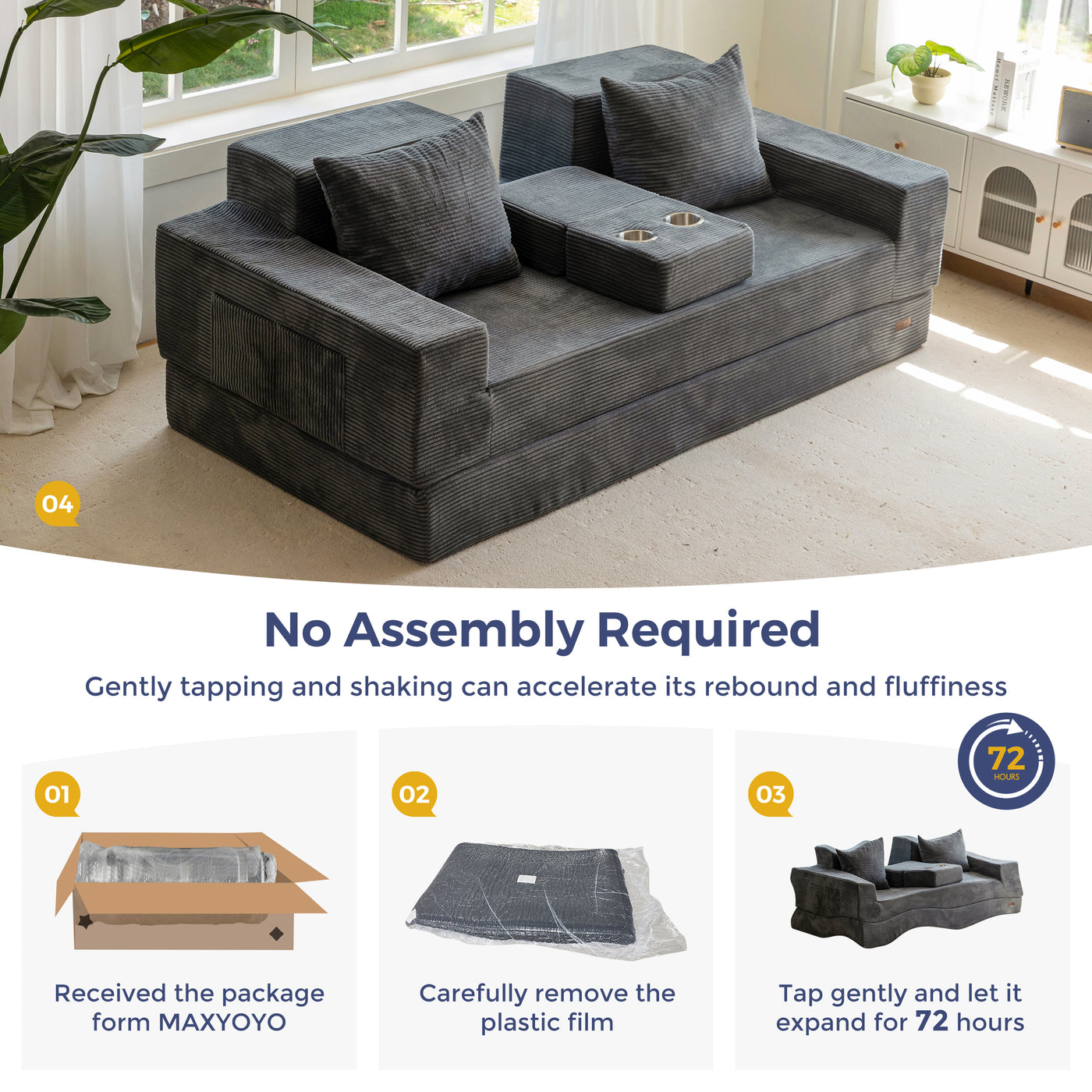 MAXYOYO Sofa Bed, 4 in 1 Foldable Floor Sofa Couch in A Box with 2 Cup Holders, Convertible 3 Seater Boneless Couch Folding Recliner Sleeper Chair for Living Room, No Assembly Required