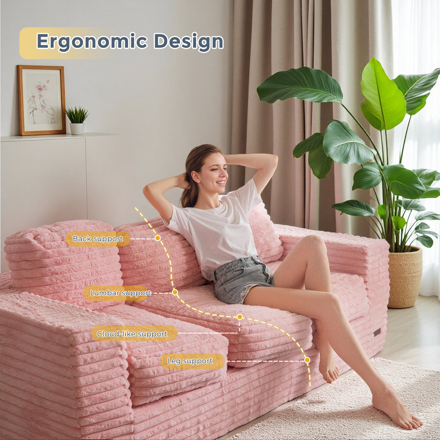 MAXYOYO 3-Seater Faux Fur Sofa – Fluffy Boneless Couch with Pillows in a Box, Faux Fur Lounge, No Assembly