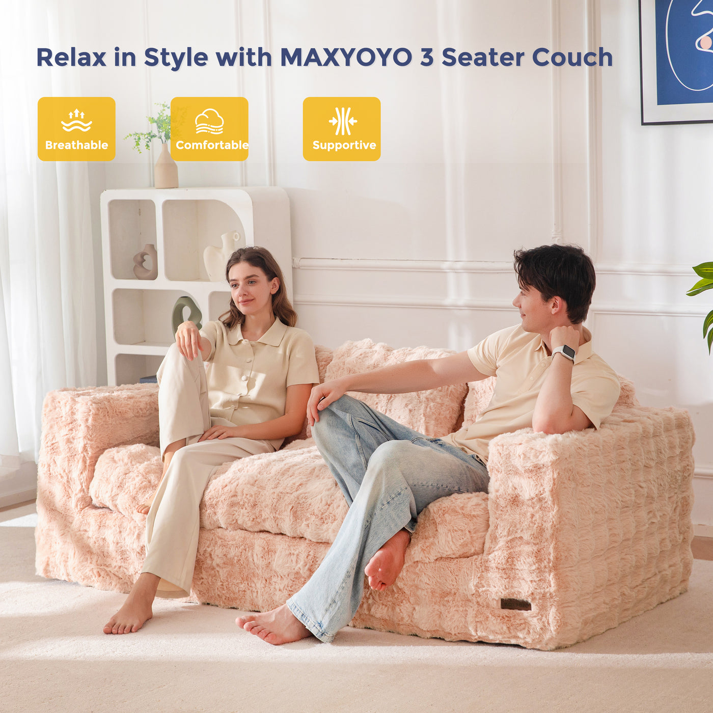 MAXYOYO 3 Seater Sofa for Living Room, Tufted Boneless Couch Bubbled Sofa Couch, Comfy Bean Bag Chair for Bedroom Apartment, No Assembly Needed