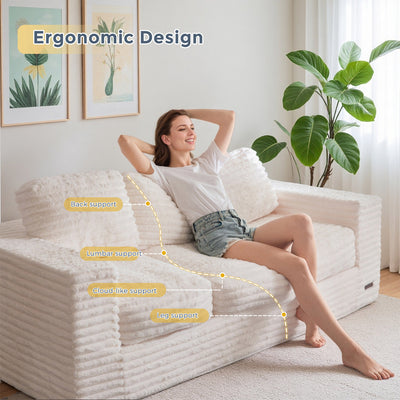 MAXYOYO 3-Seater Faux Fur Sofa – Fluffy Boneless Couch with Pillows in a Box, Faux Fur Lounge, No Assembly