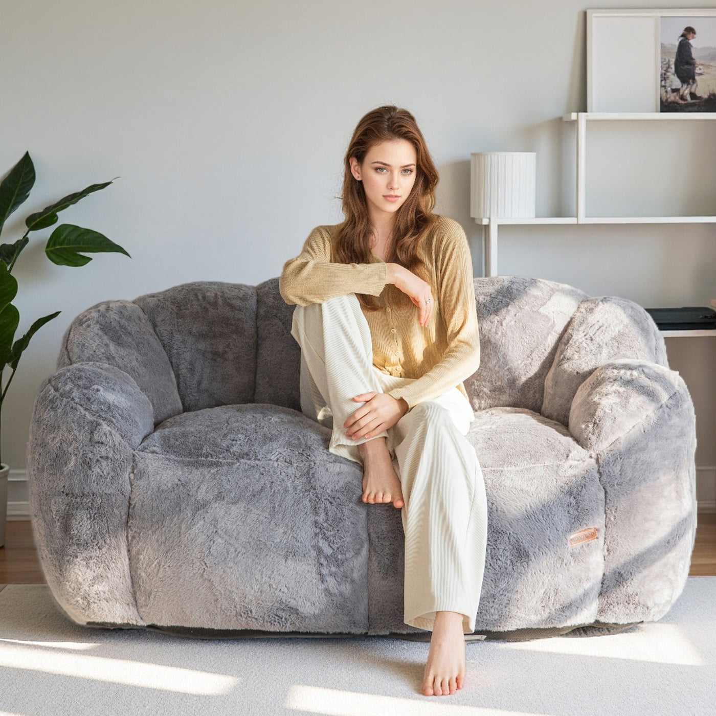 MAXYOYO Bean Bag Chair, Ultra Soft Faux Fur Loveseat Floral Petal Back Sofa for Adults, Double Size (Dark Grey)