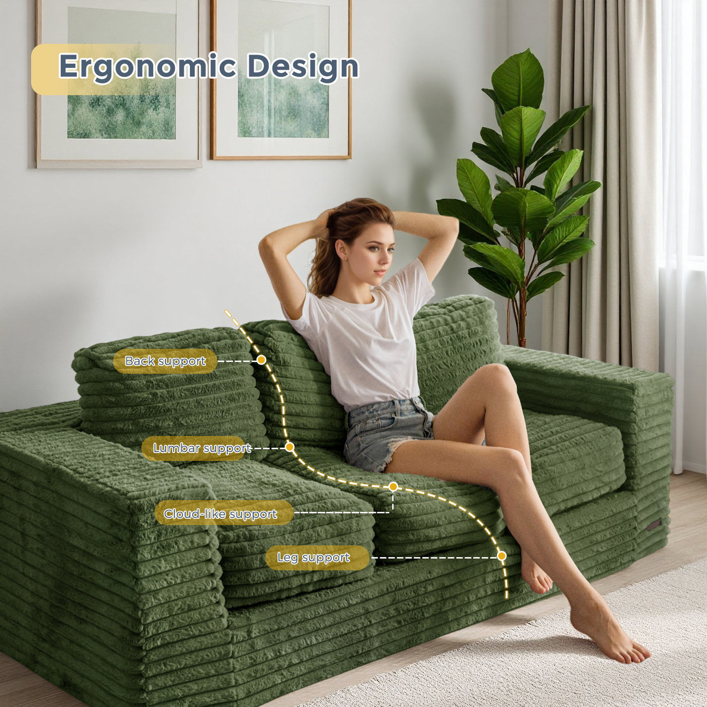 MAXYOYO 3-Seater Faux Fur Sofa – Fluffy Boneless Couch with Pillows in a Box, Faux Fur Lounge, No Assembly