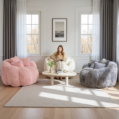 MAXYOYO Oversized Floral Bean Bag Chair – Ultra Soft Faux Fur Lounge Sofa with 3 Pillows, Beige