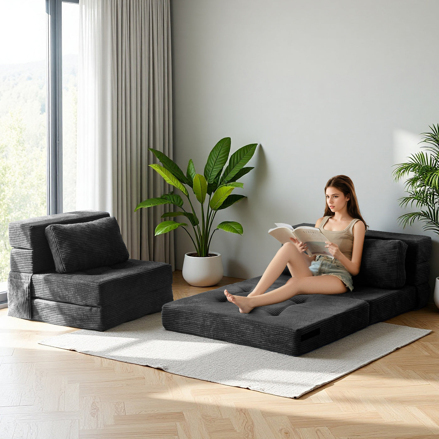 MAXYOYO 4-in-1 Convertible Sofa Bed Chair – Tufted Folding Floor Couch with Pillow, Black