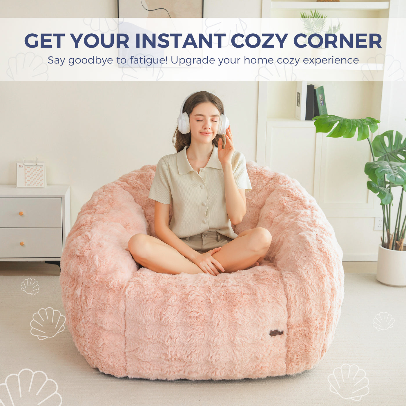 MAXYOYO Giant Bean Bag Chair for Adults, Stuffed Shell-Shaped Large Bean Bag Couch, Cozy Living Room Chair with Filler, Floor Sofa Lazy Sofa for Bedroom Living Room