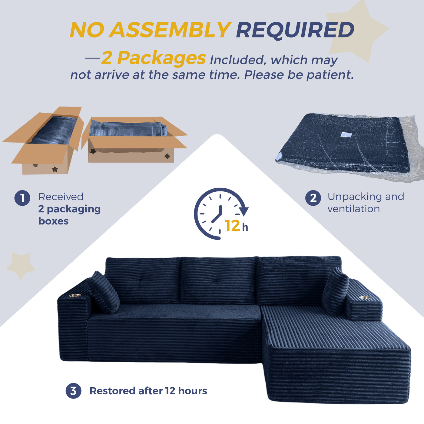 MAXYOYO 104" Modular Sectional Couch with L-Shape Chaise, Modern Boneless Couch for Living Room, Sofa in A Box, Oversized Sofa Sleeper with Deep Seat, No Assembly Required, Navy