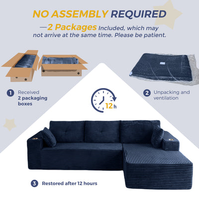 MAXYOYO 104" Modular Sectional Couch with L-Shape Chaise, Modern Boneless Couch for Living Room, Sofa in A Box, Oversized Sofa Sleeper with Deep Seat, No Assembly Required, Navy