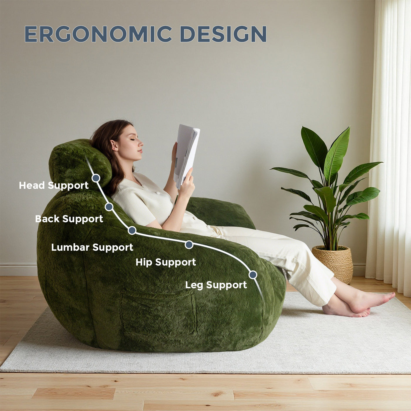 MAXYOYO Bean Bag Chair with Pillow - Plush Giant Bean Bag Chair Couch with Headrest (Zippered Link Pillow), Green