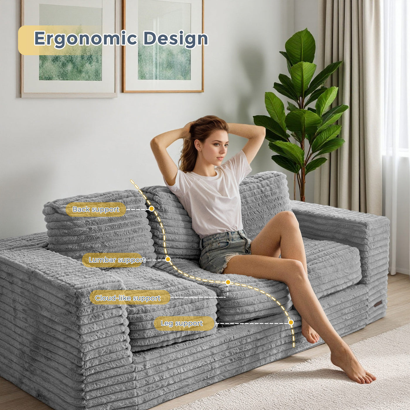 MAXYOYO 3-Seater Faux Fur Sofa – Fluffy Boneless Couch with Pillows in a Box, Faux Fur Lounge, No Assembly