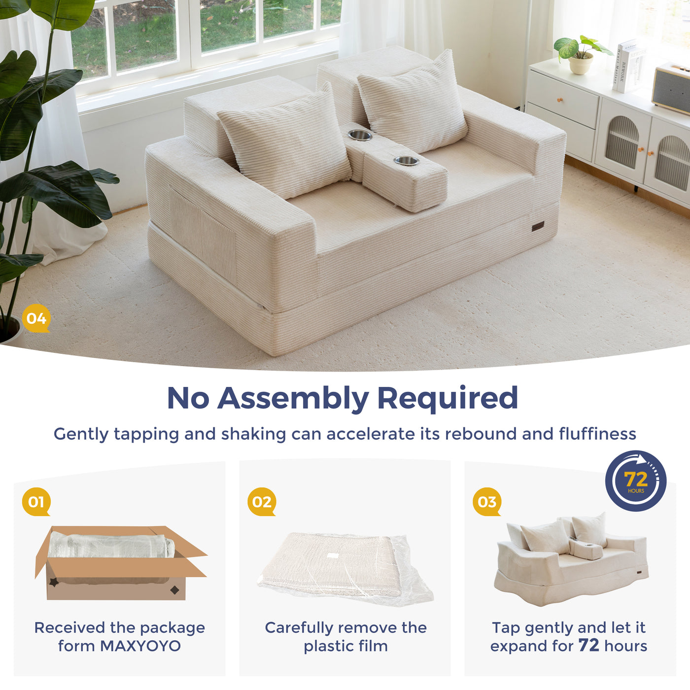 MAXYOYO Loveseat Sofa Bed, 4 in 1 Foldable Floor Sofa Couch in A Box with 2 Cup Holders, Convertible Boneless Couch Folding Recliner Sleeper Chair for Living Room, No Assembly Required
