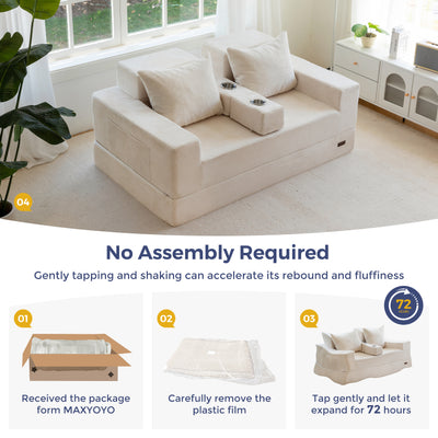 MAXYOYO Loveseat Sofa Bed, 4 in 1 Foldable Floor Sofa Couch in A Box with 2 Cup Holders, Convertible Boneless Couch Folding Recliner Sleeper Chair for Living Room, No Assembly Required
