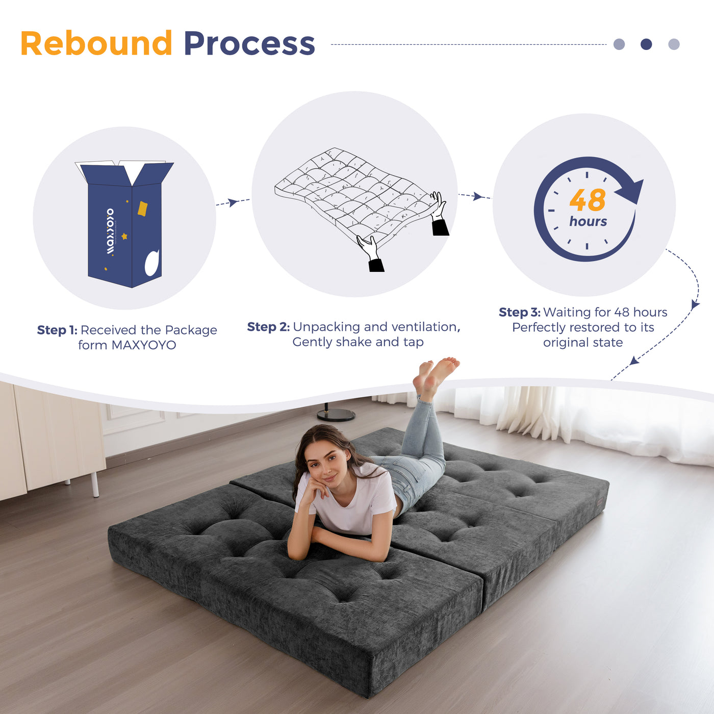 MAXYOYO Tri-Fold Mattress, 6 Inch Tufted Folding Mattress with Chenille Fabric, Portable Queen Size Floor Guest Mat for Adults, Foldable Topper for Camping