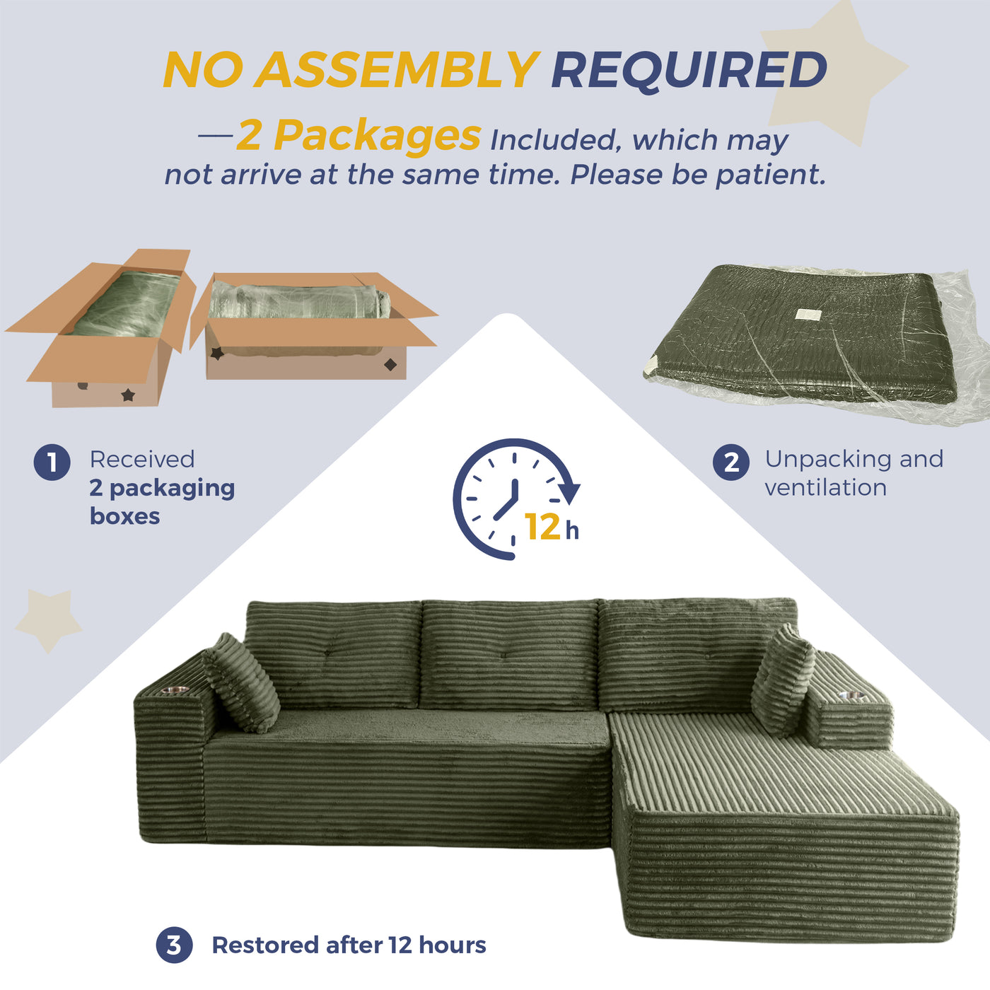 MAXYOYO 104" Modular Sectional Couch with L-Shape Chaise, Modern Boneless Couch for Living Room, Sofa in A Box, Oversized Sofa Sleeper with Deep Seat, No Assembly Required, Green