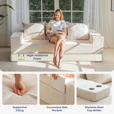 MAXYOYO Sofa Bed, 4 in 1 Foldable Floor Sofa Couch in A Box with 2 Cup Holders, Convertible 3 Seater Boneless Couch Folding Recliner Sleeper Chair for Living Room, No Assembly Required