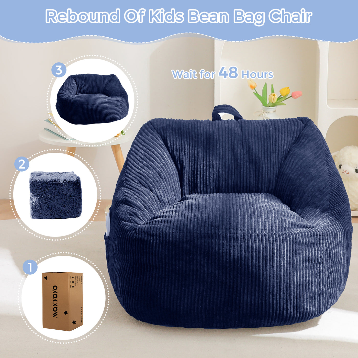 MAXYOYO Kids Bean Bag Chair, Bean Bag Couch with Handle, Comfy Toddler Chair for Boys and Girls, Accent Sofa with Pocket for Gaming Reading Relaxing, Navy