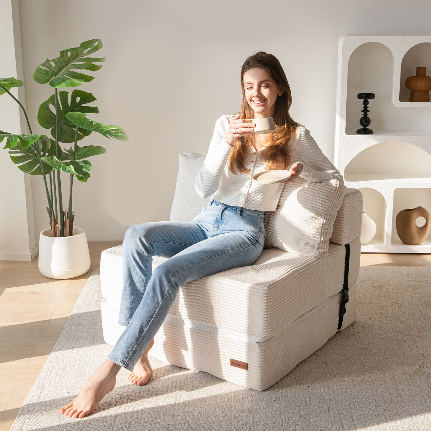 MAXYOYO Folding Sofa Bed, Convertible Sofa Bed with High-Density Support Foam for Living Room Bedroom, Beige