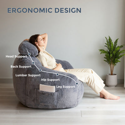 MAXYOYO Giant Bean Bag Chair with Pillow - Faux Fur Ergonomic Bean Bag Chair Couch (Zippered Link Pillow), Dark Grey