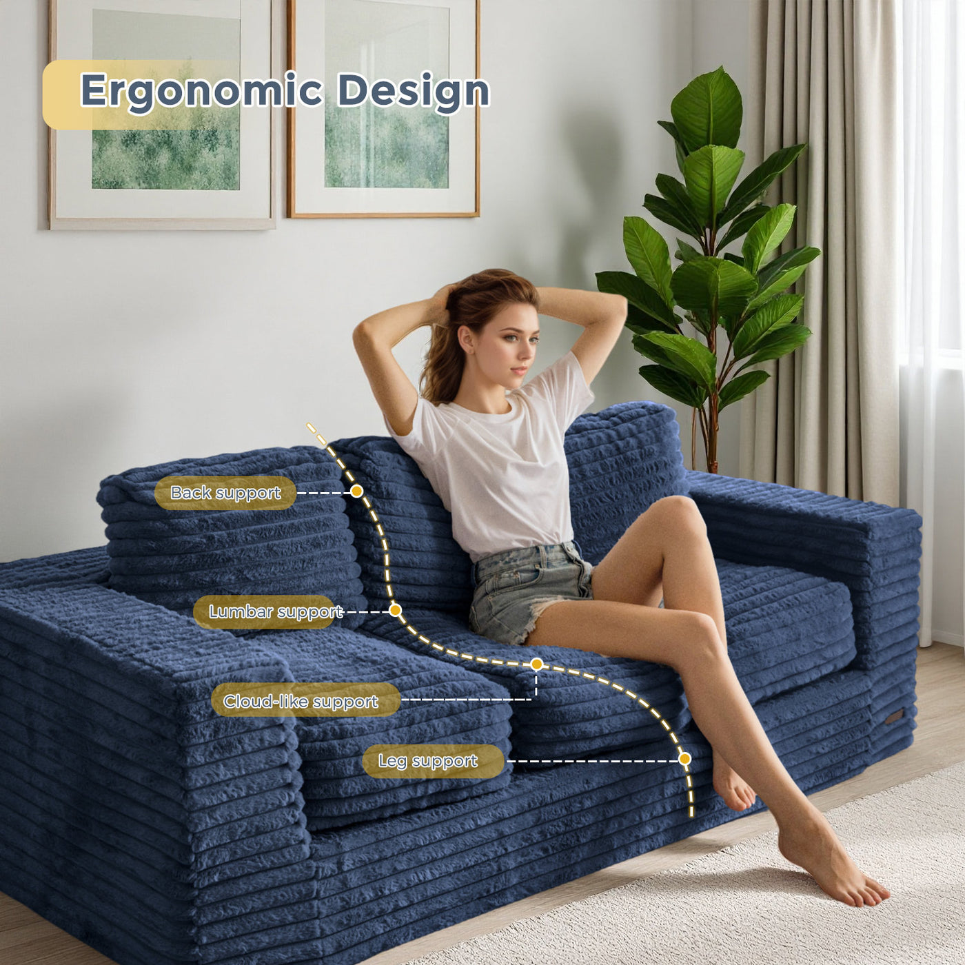 MAXYOYO 3-Seater Faux Fur Sofa – Fluffy Boneless Couch with Pillows in a Box, Faux Fur Lounge, No Assembly