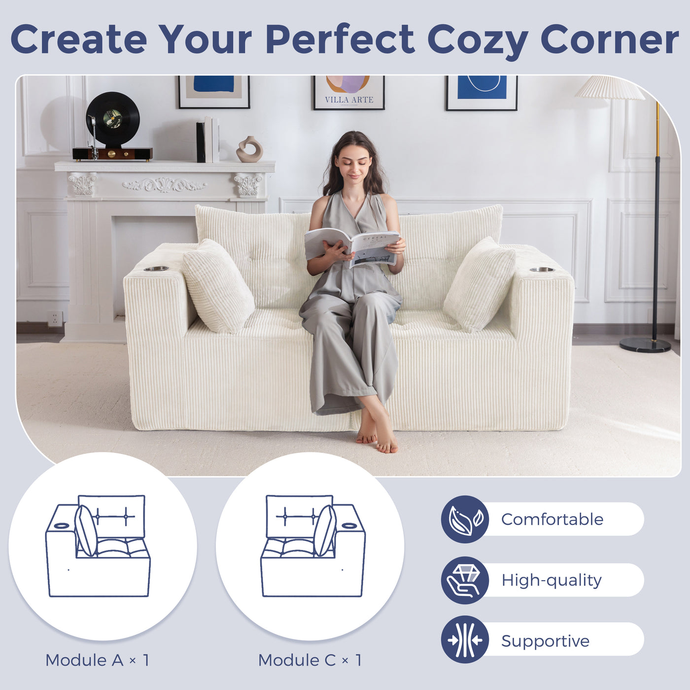 MAXYOYO Modular Sectional Sofa Couch, Loveseat Boneless Cloud Couch for Living Room, Sofa in A Box, Upholstered Cozy Chair with Tufted Craft, No Assembly Required, Beige