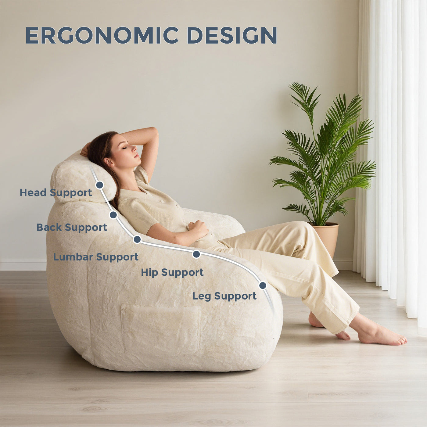 MAXYOYO Giant Bean Bag Chair with Pillow - Plush Huge Bean Bag Chair Couch (Zippered Link Pillow), Beige