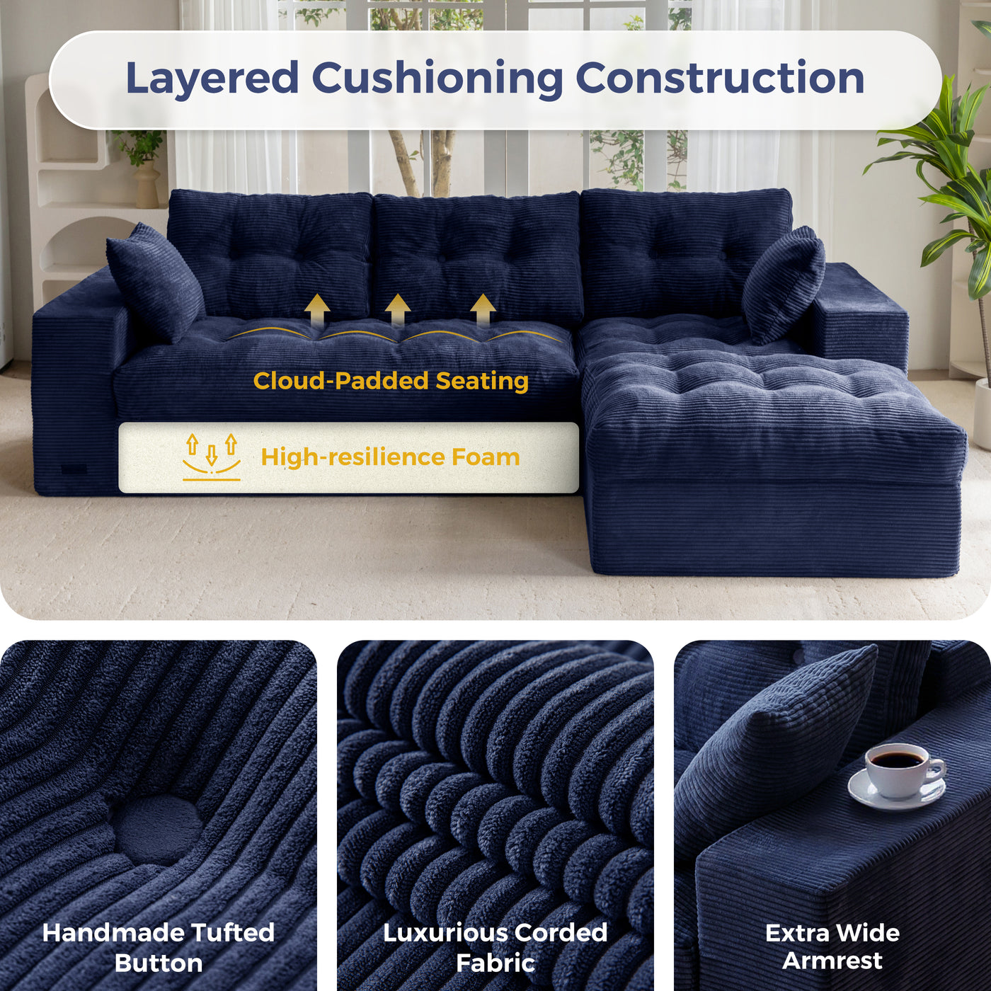 MAXYOYO L Shaped Sectional Sofa with Ottoman, Cloud Boneless Couch with Layered Cushion, Upholstered Modular Sofa with Tufting, Flexible Module Combination for Living Room, No Assembly Required, Navy