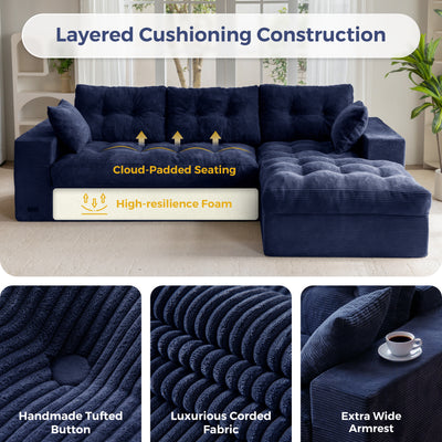 MAXYOYO L Shaped Sectional Sofa with Ottoman, Cloud Boneless Couch with Layered Cushion, Upholstered Modular Sofa with Tufting, Flexible Module Combination for Living Room, No Assembly Required, Navy