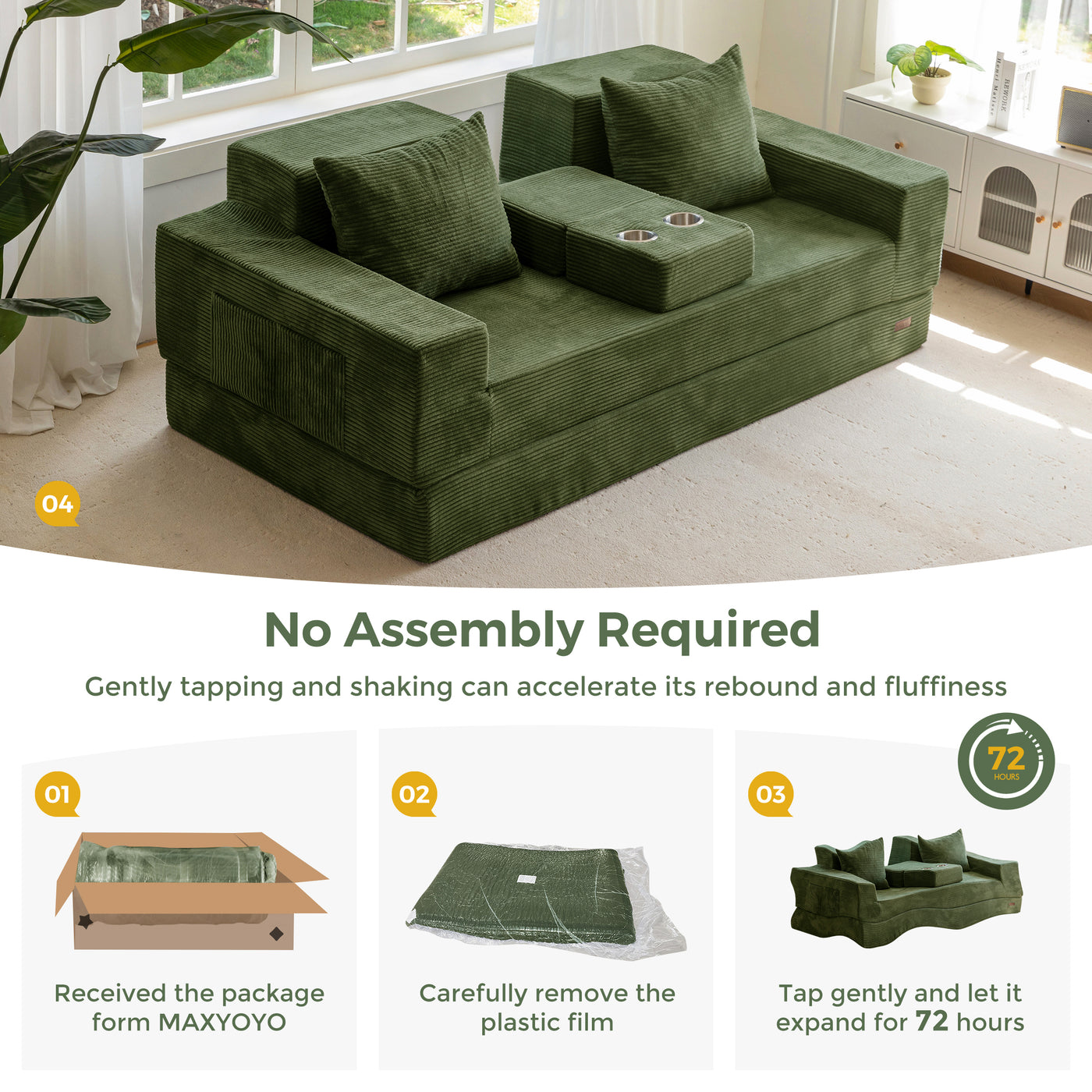 MAXYOYO Sofa Bed, 4 in 1 Foldable Floor Sofa Couch in A Box with 2 Cup Holders, Convertible 3 Seater Boneless Couch Folding Recliner Sleeper Chair for Living Room, No Assembly Required