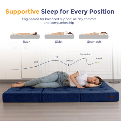 MAXYOYO Tri-Fold Mattress, 6 Inch Tufted Folding Mattress with Chenille Fabric, Portable Queen Size Floor Guest Mat for Adults, Foldable Topper for Camping