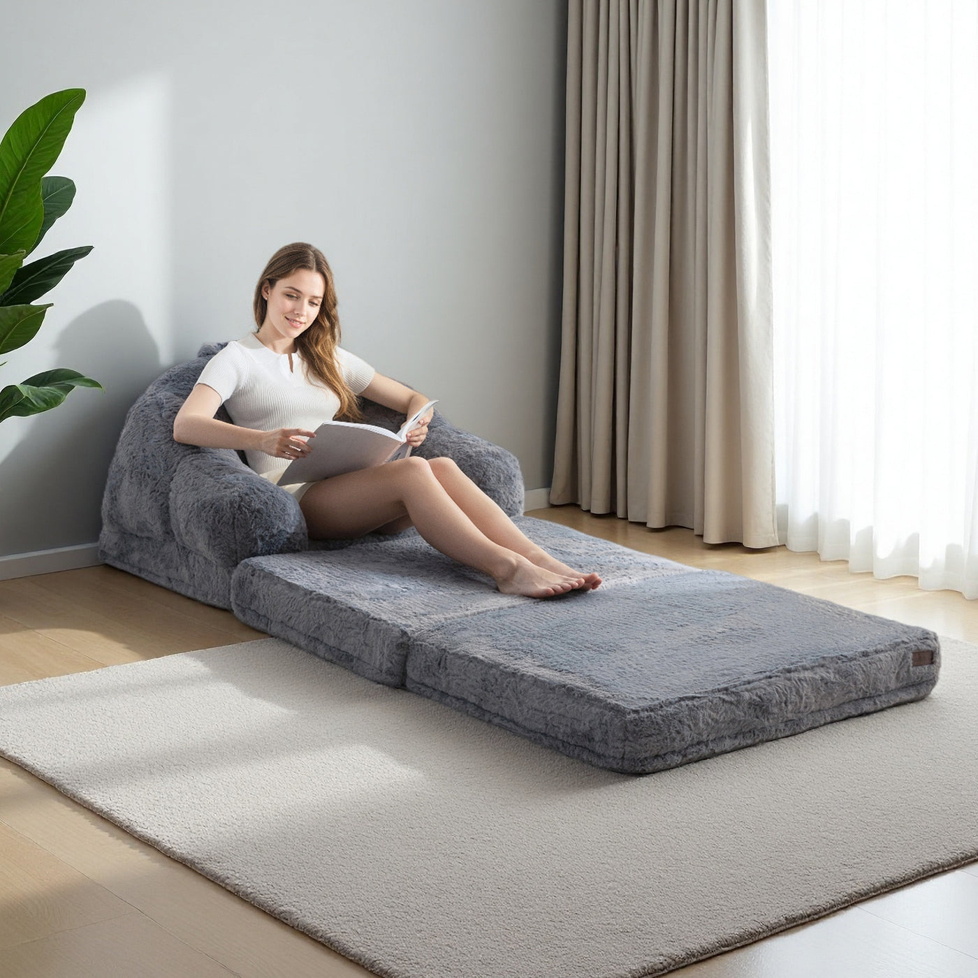 MAXYOYO 2-in-1 Folding Sofa Bed – Faux Fur Convertible Chair, Grey