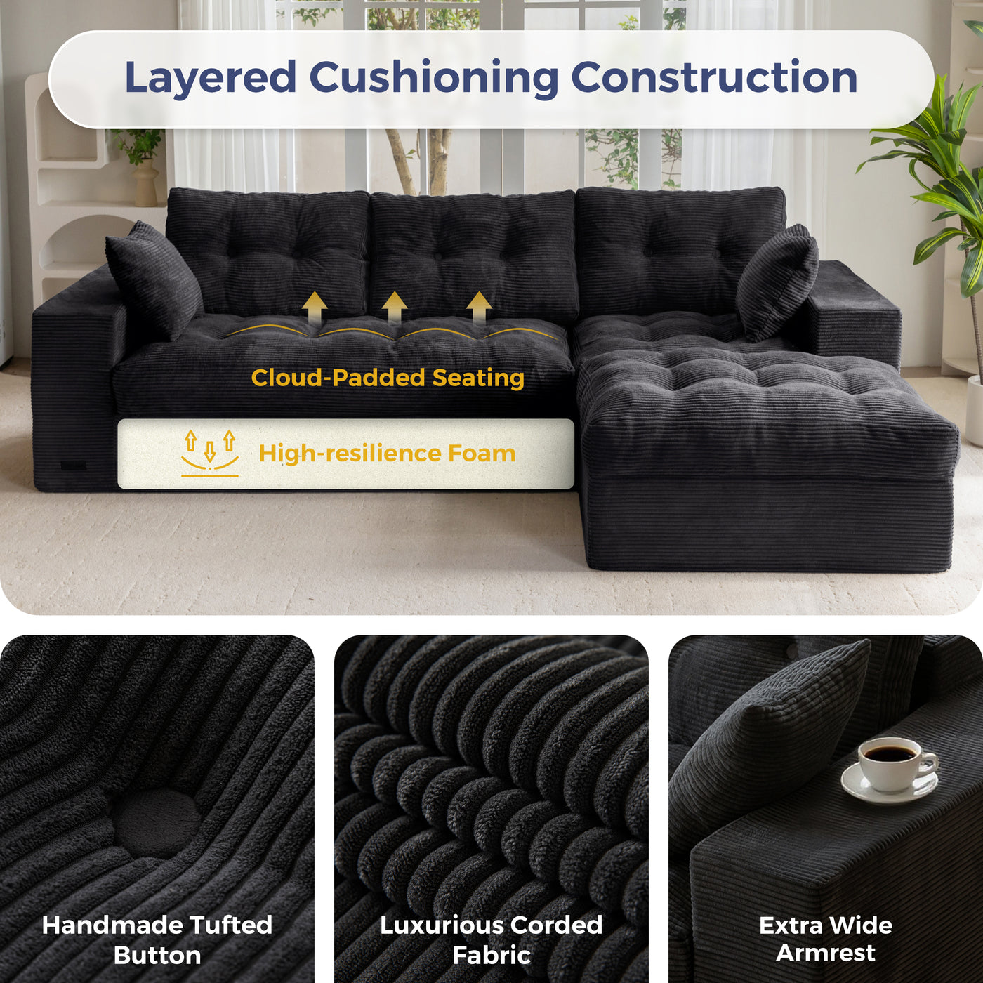 MAXYOYO L Shaped Sectional Sofa with Ottoman, Cloud Boneless Couch with Layered Cushion, Upholstered Modular Sofa with Tufting, Flexible Module Combination for Living Room, No Assembly Required, Black