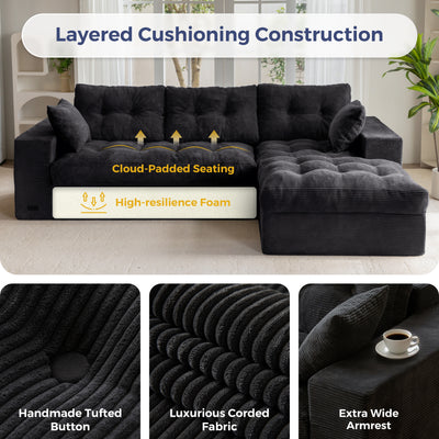 MAXYOYO L Shaped Sectional Sofa with Ottoman, Cloud Boneless Couch with Layered Cushion, Upholstered Modular Sofa with Tufting, Flexible Module Combination for Living Room, No Assembly Required, Black