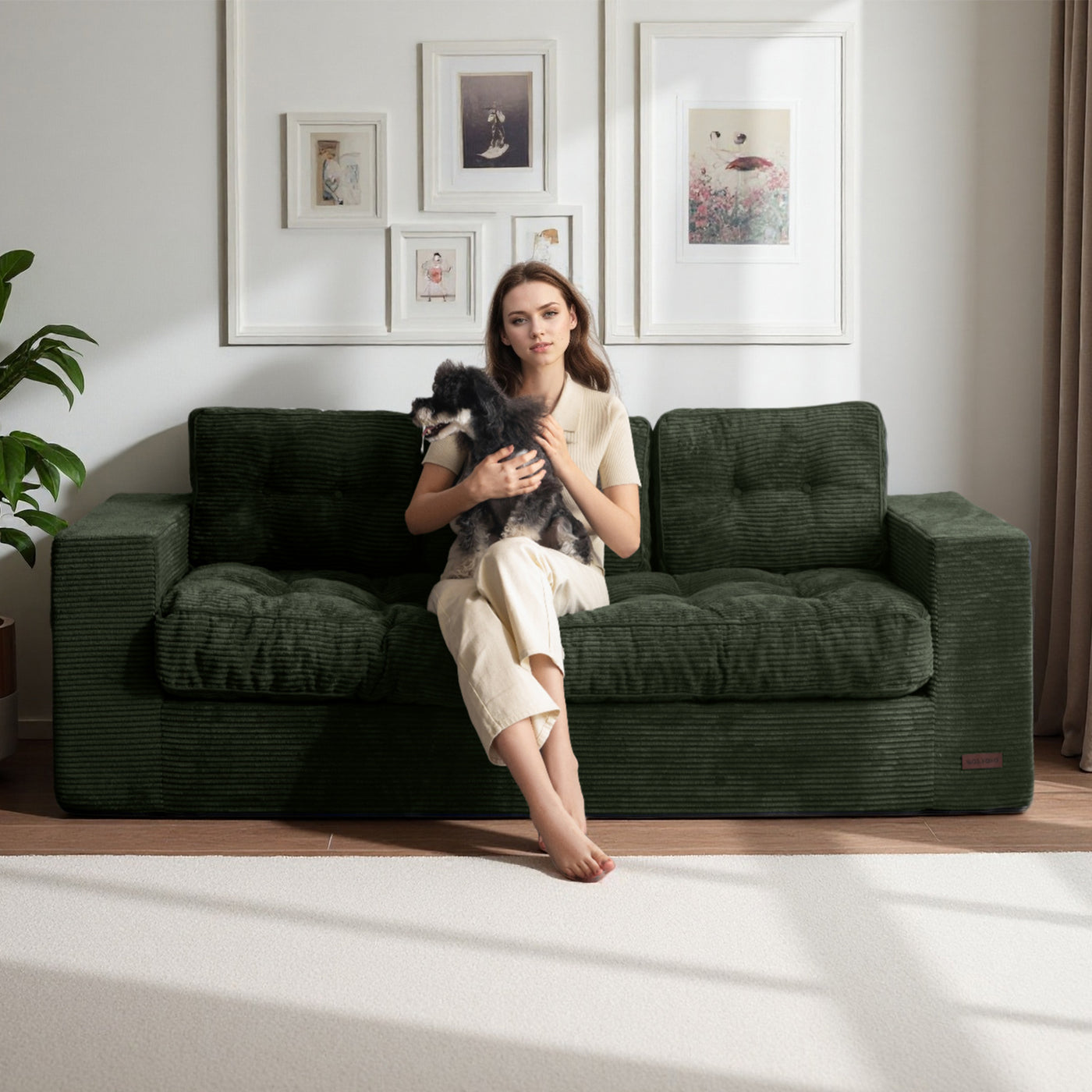 MAXYOYO 3 Seater Couch for Living Room - Boneless Couch, Sofa in A Box, No Assembly Required, Green