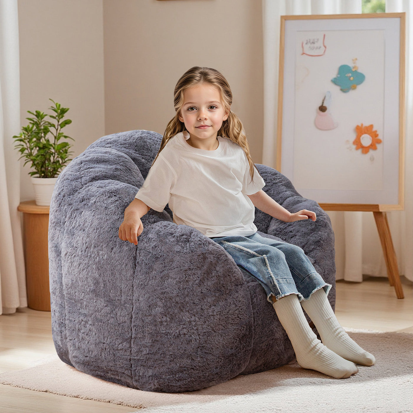 MAXYOYO Kids Bean Bag Chair, Floral Shaped Bean Bag Sofa, Plush Faux Fur Toddler Couch with Petal Backrest for Boys Girls, Stuffed Cozy Sofa for Nursery, Bedroom, Grey
