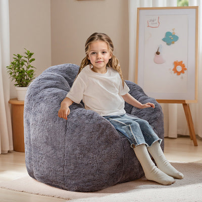 MAXYOYO Kids Bean Bag Chair, Floral Shaped Bean Bag Sofa, Plush Faux Fur Toddler Couch with Petal Backrest for Boys Girls, Stuffed Cozy Sofa for Nursery, Bedroom, Grey