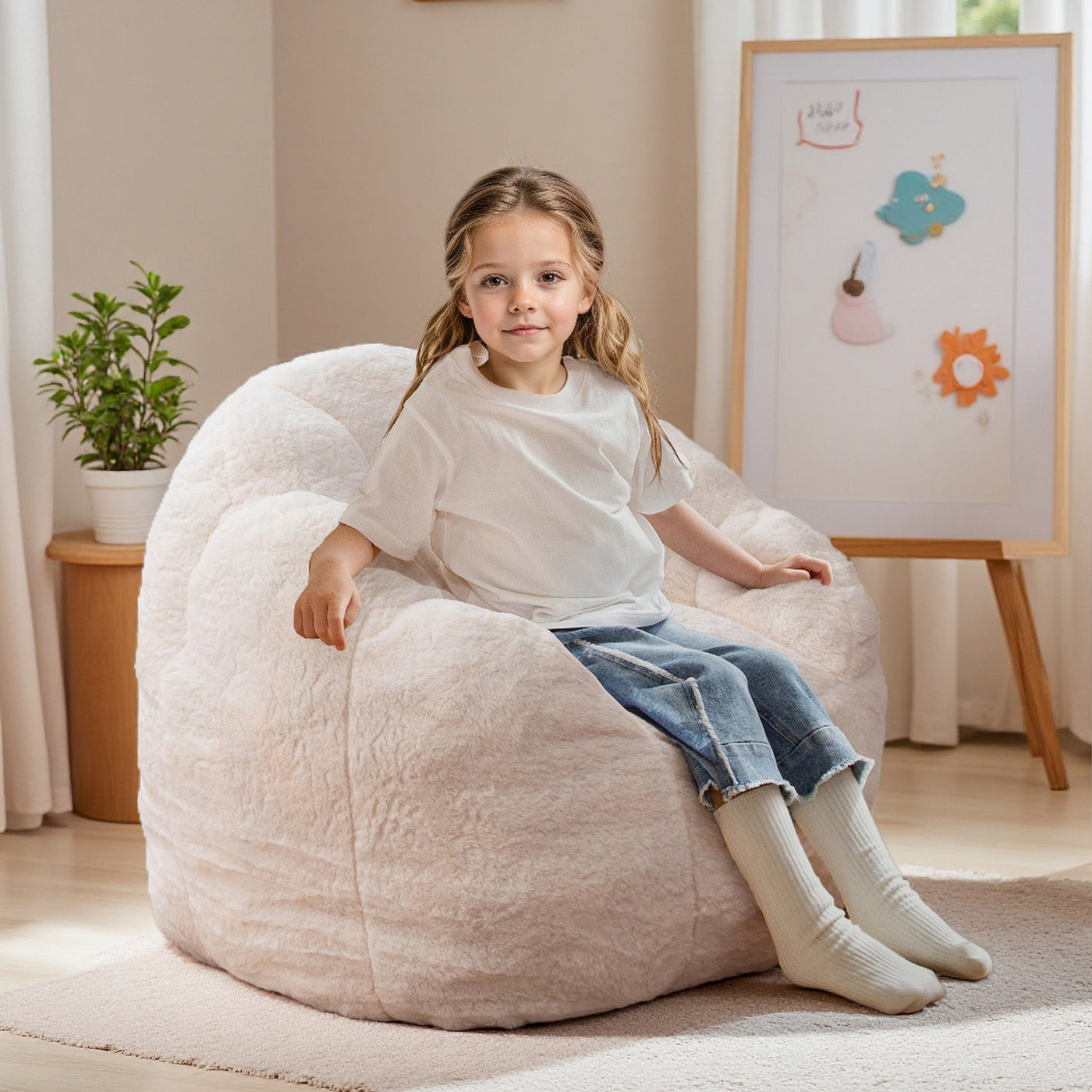 MAXYOYO Kids Bean Bag Chair, Floral Shaped Bean Bag Sofa, Plush Faux Fur Toddler Couch with Petal Backrest for Boys Girls, Stuffed Cozy Sofa for Nursery, Bedroom, Beige