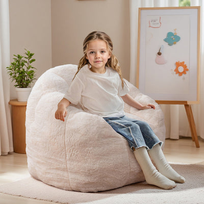 MAXYOYO Kids Bean Bag Chair, Floral Shaped Bean Bag Sofa, Plush Faux Fur Toddler Couch with Petal Backrest for Boys Girls, Stuffed Cozy Sofa for Nursery, Bedroom, Beige