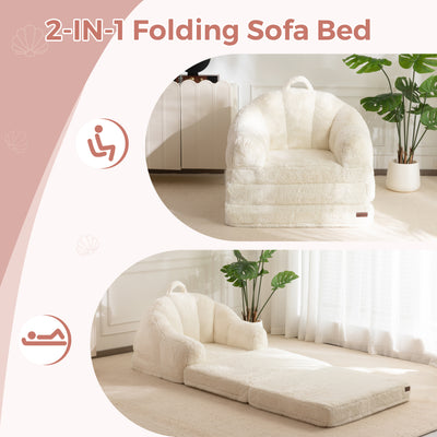 MAXYOYO Folding Sofa Bed, 2 in 1 Convertible Sofa to Lounger Comfy Single Bean Bag Chair for Adults, Floor Sleeper Couch with Handle, Faux Fur Couch Bed for Living Room Bedroom, Beige