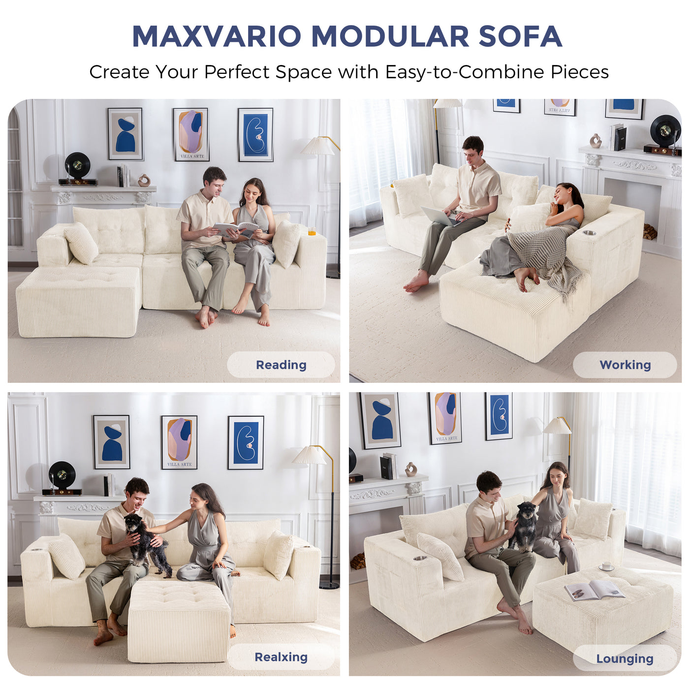 MAXYOYO Modular Sectional Sofa Couch, L Shaped Modern Cloud Couch with 1 Ottoman, Sofa in A Box, Tufted 4-Seat Boneless Sleeper Chair for Living Room, No Assembly Required, Beige