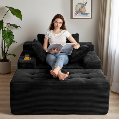MAXYOYO Oversized Chaise Lounge Sofa with Ottoman – Deep Seat Tufted Floor Couch with 3 Pillows, Black