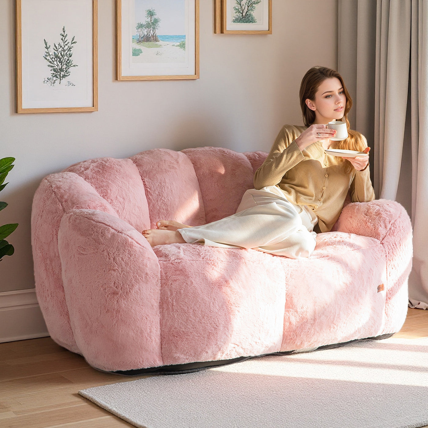 MAXYOYO Bean Bag Chair, Ultra Soft Faux Fur Loveseat Floral Petal Back Sofa for Adults, Double Size (Pink)