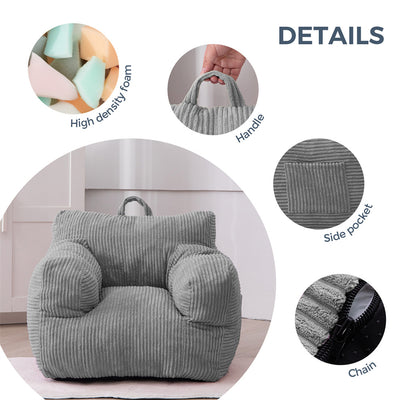 MAXYOYO Kids Bean Bag Chair, Corduroy Bean Bag Couch with Armrests for Children's Room (Grey)