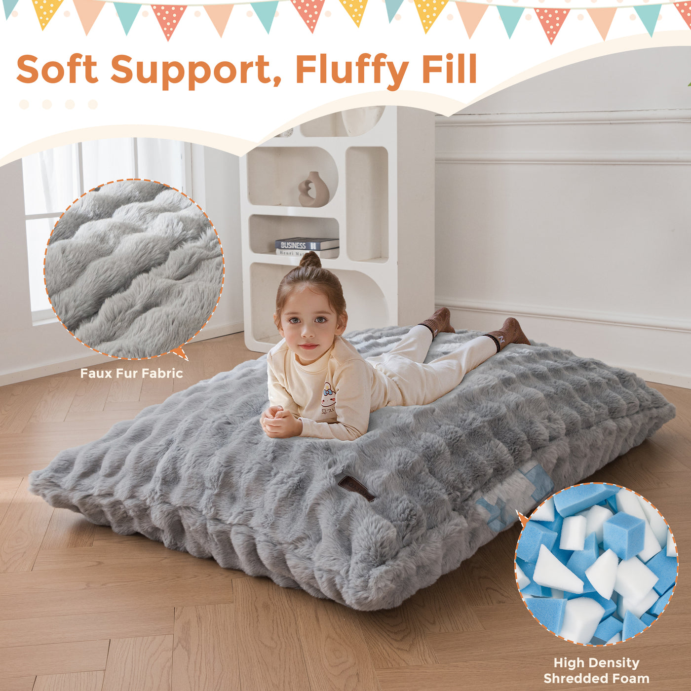 MAXYOYO 3 in 1 Kids Bean Bag Chair Bed, Child Floor Sofa for Gaming, Reading, Faux Fur Floor Mattress with High-Density Foam Filling for Living Room Bedroom