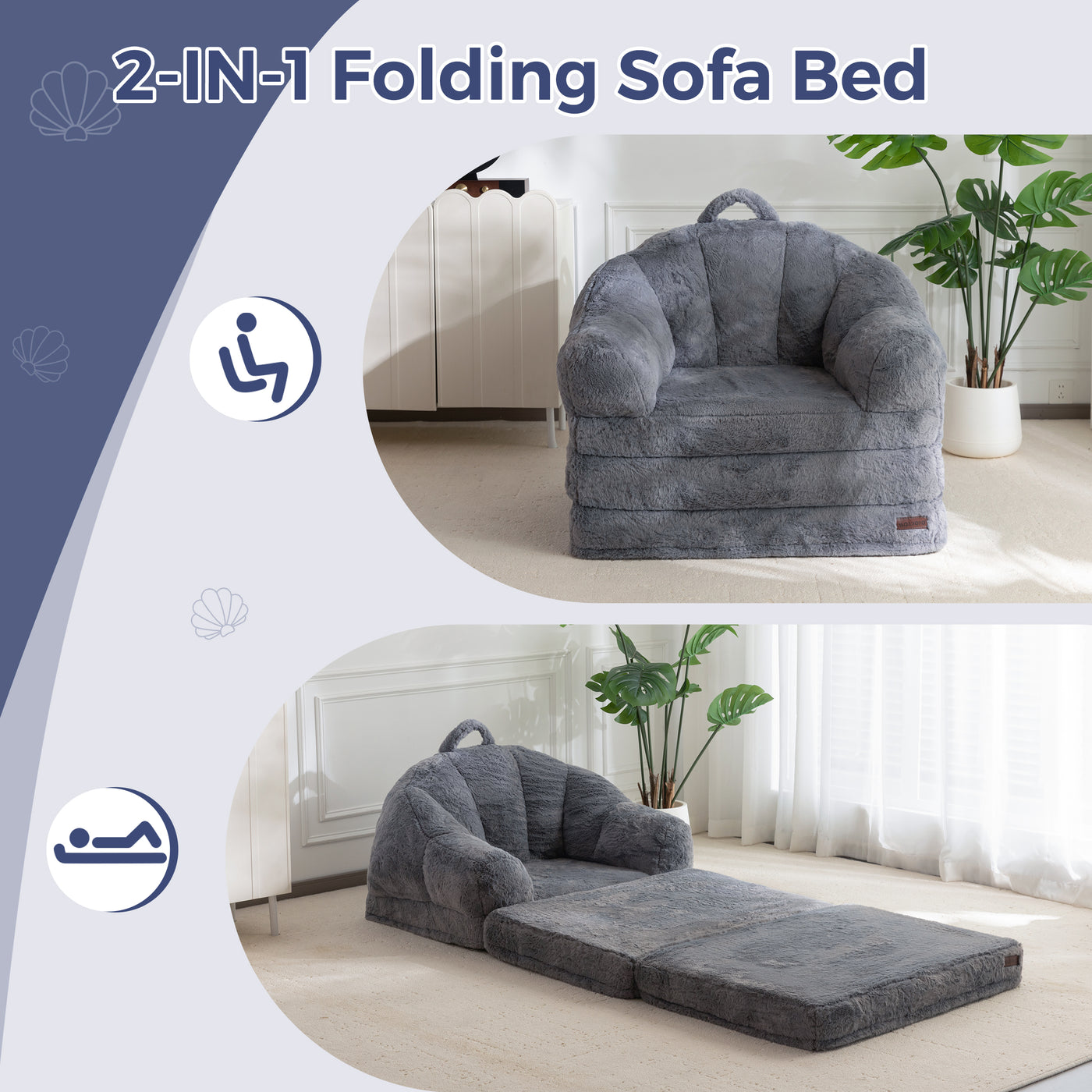 MAXYOYO Folding Sofa Bed, 2 in 1 Convertible Sofa to Lounger Comfy Single Bean Bag Chair for Adults, Floor Sleeper Couch with Handle, Faux Fur Couch Bed for Living Room Bedroom, Grey