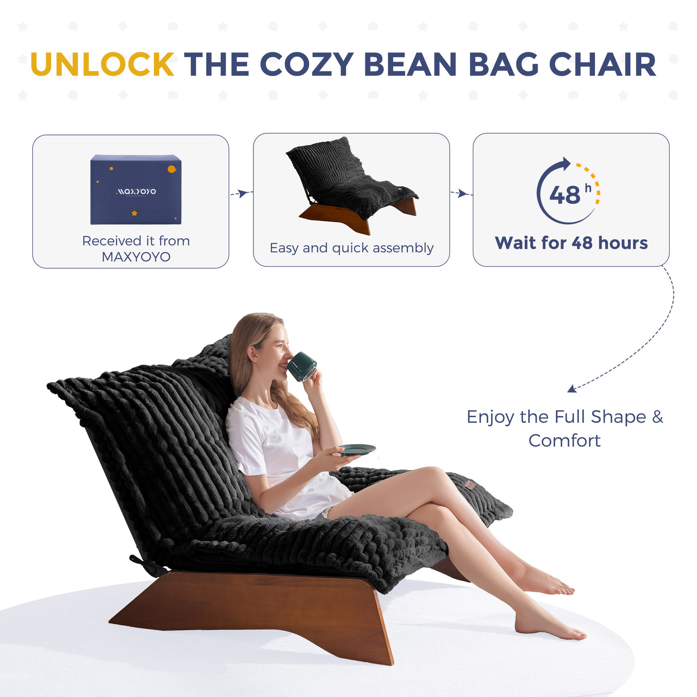 MAXYOYO Adjustable Living Room Chair, 3-Position Bean Bag Chair with Removable Cover, Upholstered Accent Chair with Frame, Soft Reclining Lounge for Bedroom, Apartment, Office
