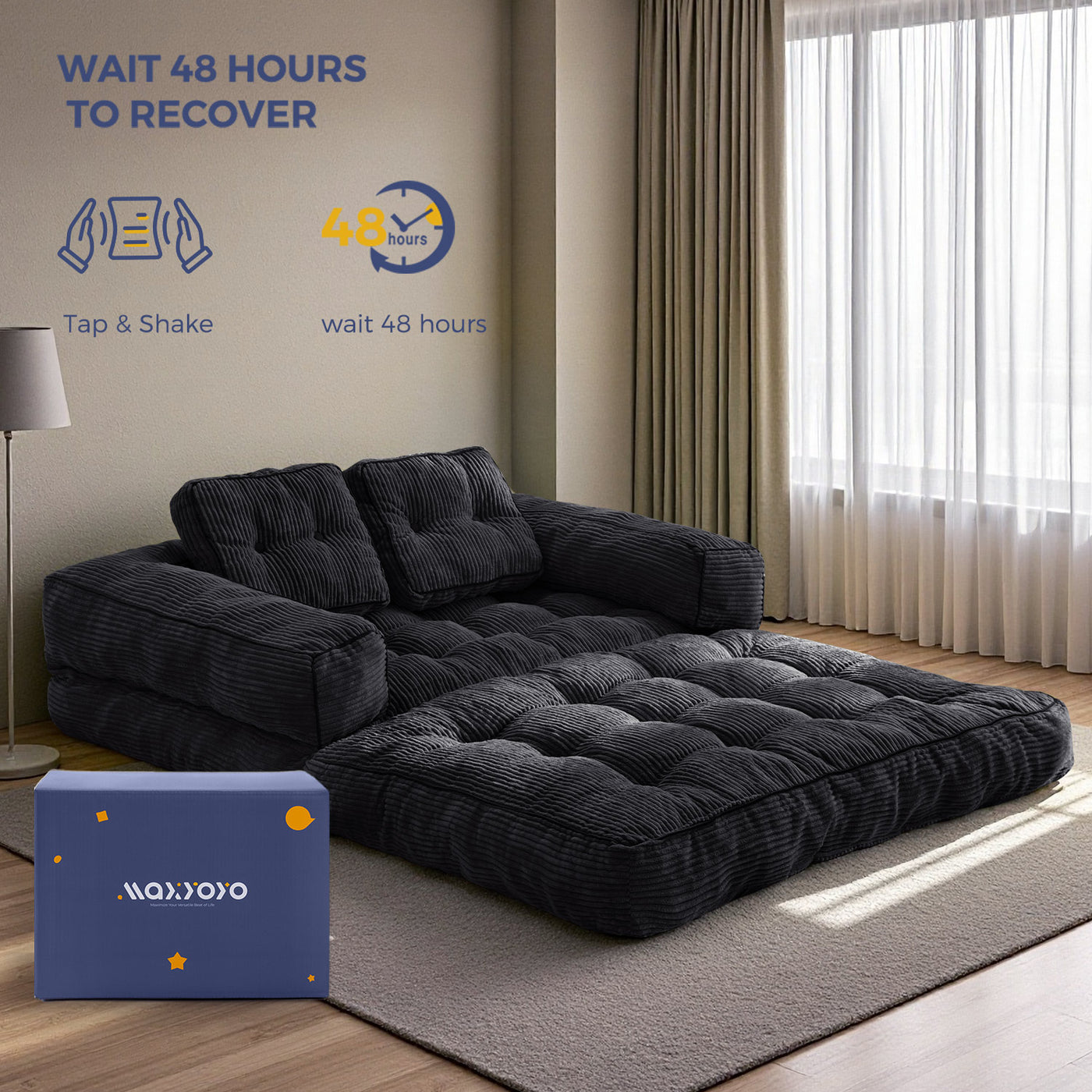 MAXYOYO 2-Seat L-Shaped Sofa Bed – Folding Sleeper Couch with Armrest for Cozy Living, Black