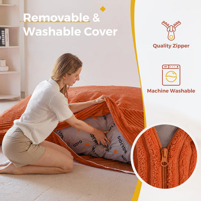 MAXYOYO Giant Bean Bag Chair with Pillow, 3 in 1 Convertible Bean Bag Bed for Adults with Washable Cover, Removable Floor Cushion Stuffed Floor Lounger for Living Room Bedroom, Orange