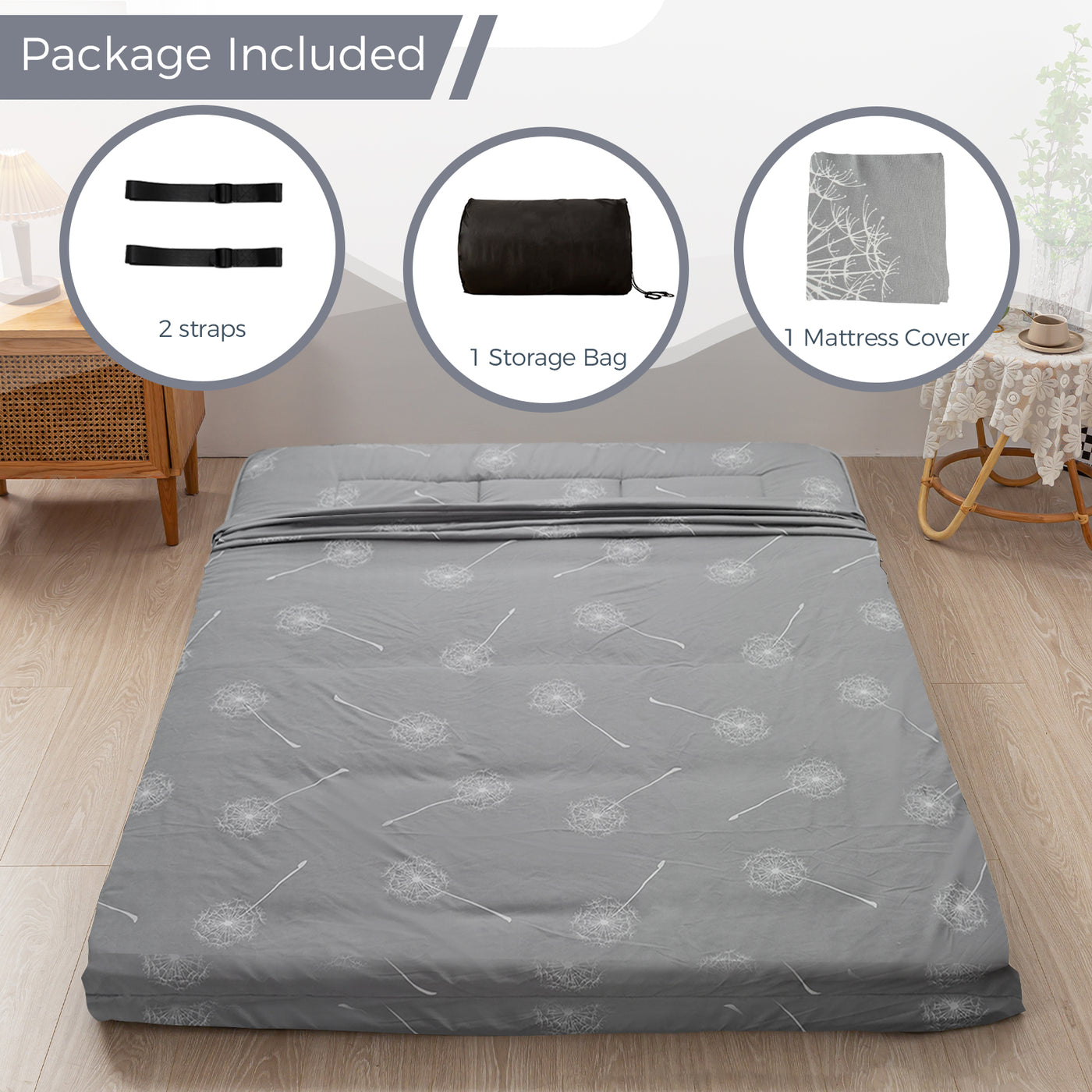 MAXYOYO Futon Mattress Japanese Floor Mattress, Grey Dandelion Pattern Futon Mattress