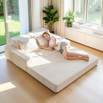 MAXYOYO Convertible Loveseat Sofa Bed – Corded Foldable Floor Recliner with Cup Holders, Beige