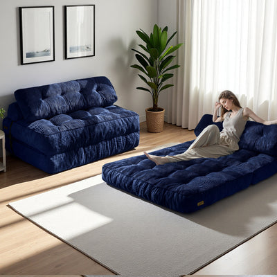 MAXYOYO Corduroy Folding Sofa Bed, Convertible Sleeper Chair with Pillow Foldable Mattress with Back Support(Double), Navy