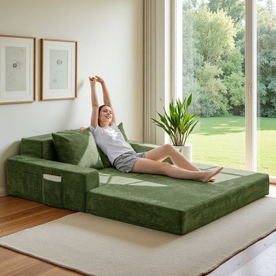 MAXYOYO Loveseat Sofa Bed in a Box – Corded 4-in-1 Floor Couch with Cup Holders, No Tools Needed, Dark Green